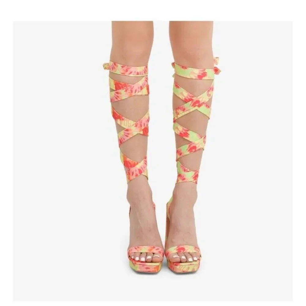 DREAM‎ PAIRS Women Heel Pump Sandals Leg Wrap Up Yellow Green Pink Tie-dye 8.5